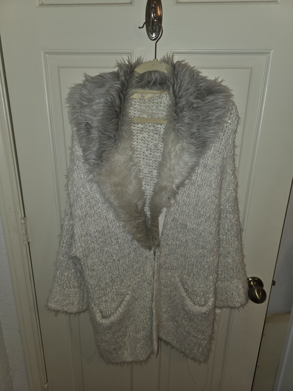 Sleeping On Snow Sparkly Cream Color Oversized Cardigan With Faux Fur Trim